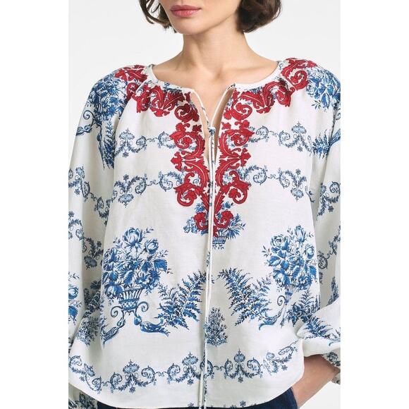 SACHIN & BABI-NWT- CELIA LINEN BLOUSE| FLORAL | EMBROIDERD | TASSEL Sz:M Ret$295 - Picture 2 of 9